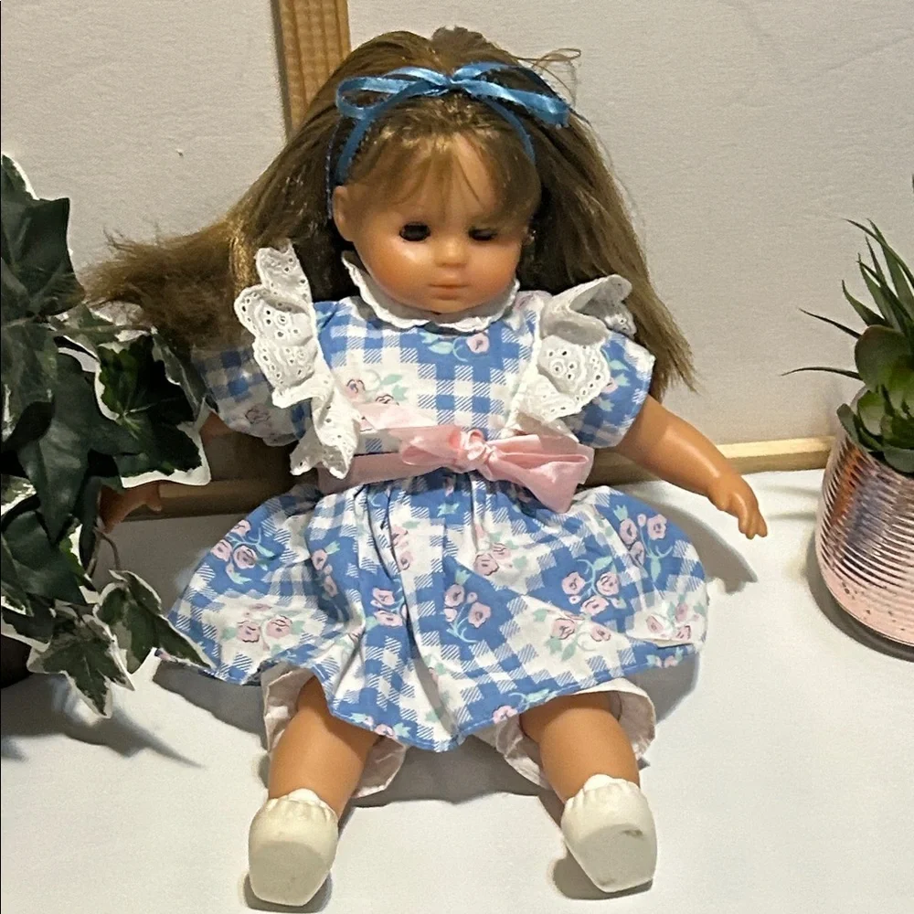 Vintage Blue and Pink Checkered Doll with Lace Dress